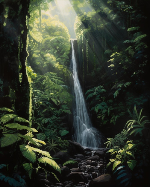 Een schilderij van een waterval in de jungle