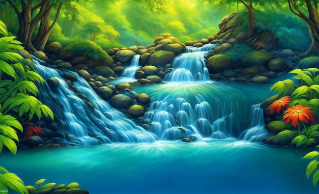 Een schilderij van een waterval in een bos met een groene achtergrond