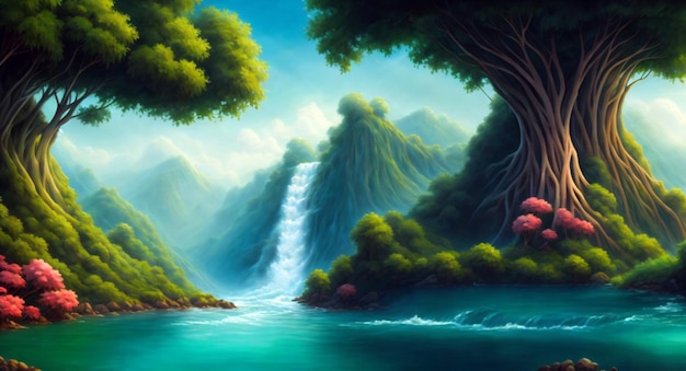 Een schilderij van een waterval in een bos met een waterval op de achtergrond