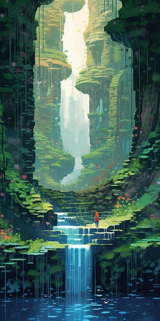 Een schilderij van een waterval in een bos