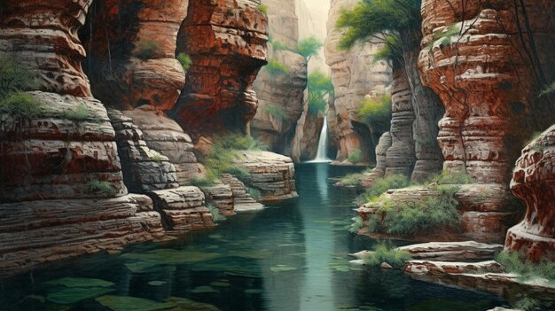 Een schilderij van een waterval in een canyon