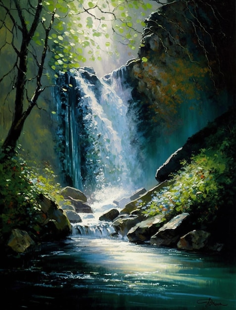 Een schilderij van een waterval in het bos