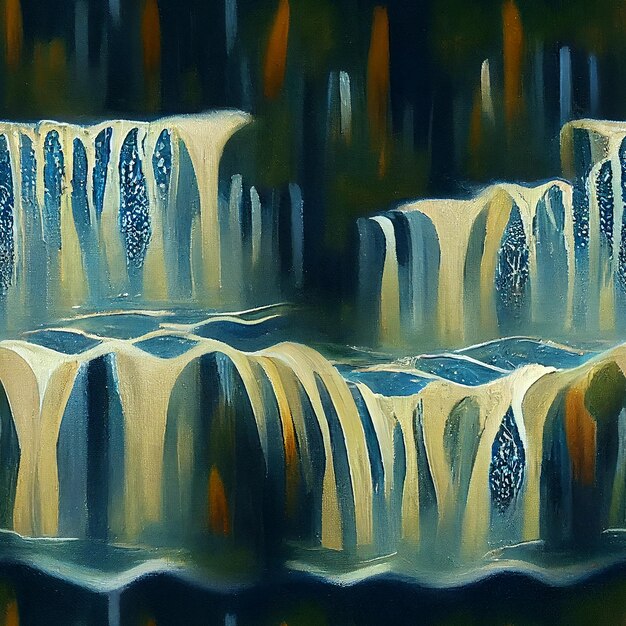 Een schilderij van een waterval met de woorden het water valt erop