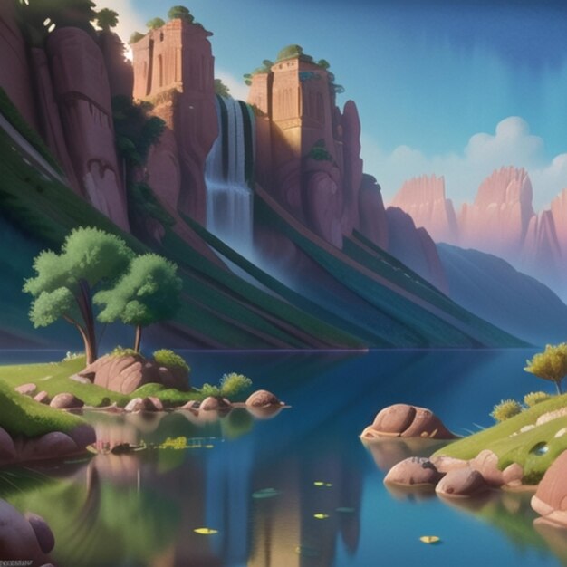 Een schilderij van een waterval met een rivier op de achtergrond.
