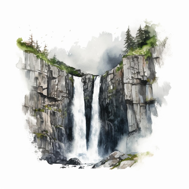 Een schilderij van een waterval met op de bodem een groen landschap.