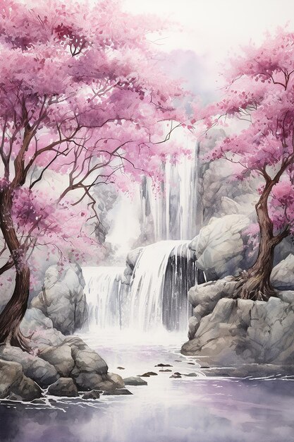 Een schilderij van een waterval met roze bloemen erop.