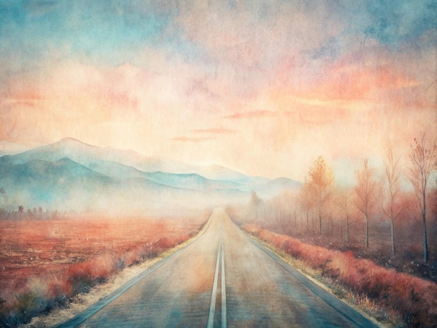 Foto een schilderij van een weg met een weg in de achtergrond