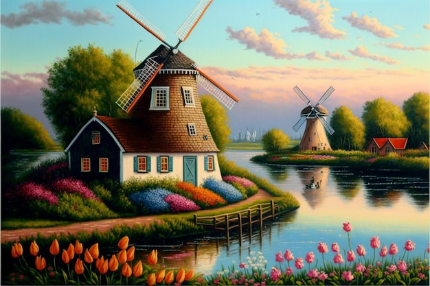 Een schilderij van een windmolen en een meer met tulpen