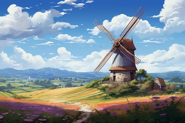 een schilderij van een windmolen met een veld van bloemen en bergen op de achtergrond.