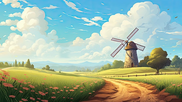 een schilderij van een windmolen op een zonnige dag.