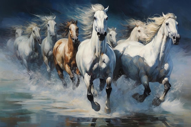 Foto een schilderij van een wit paard met witte manen.