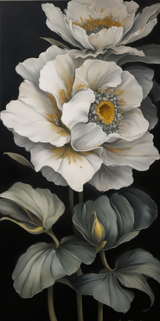 Een schilderij van een witte bloem met een geel hart