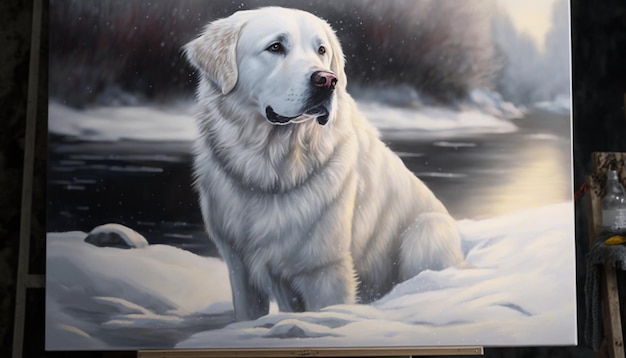 Een schilderij van een witte hond in de sneeuw Ai generatief