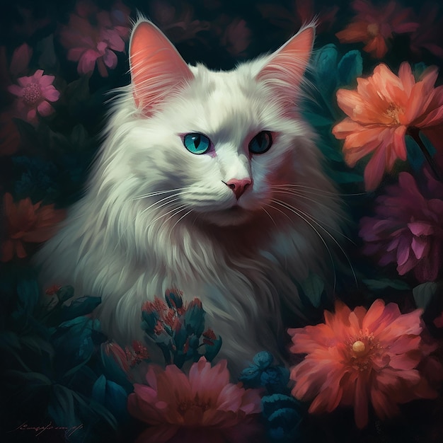 Een schilderij van een witte kat met blauwe ogen en een grote bloem op de voorgrond.
