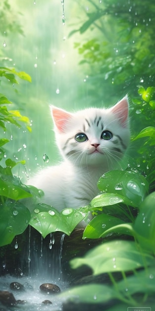Een schilderij van een witte kat met blauwe ogen zit in een groene plant