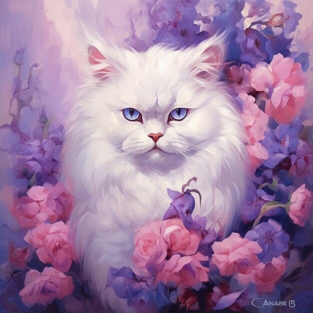 Een schilderij van een witte kat met blauwe ogen zit tussen bloemen.