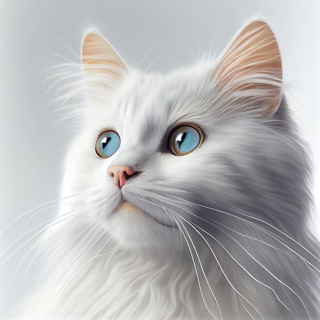 Een schilderij van een witte kat met blauwe ogen.