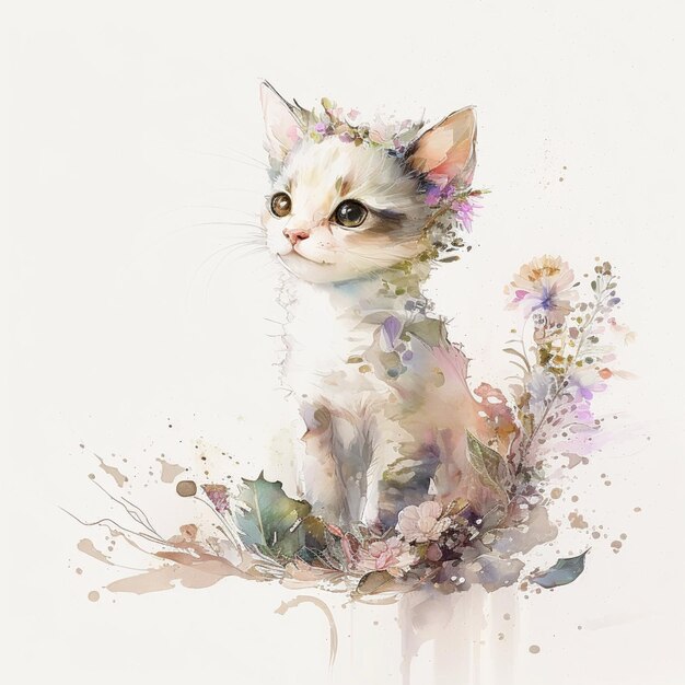 Een schilderij van een witte kat met een bloem erop.
