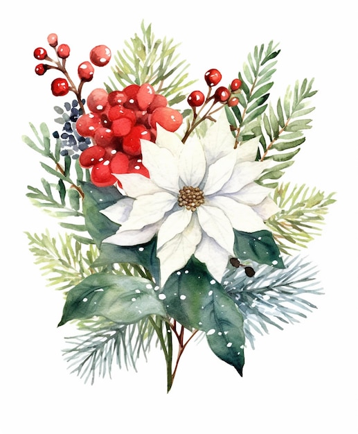 een schilderij van een witte kerstster omringd door groenblijvende bladeren en bessen generatieve ai
