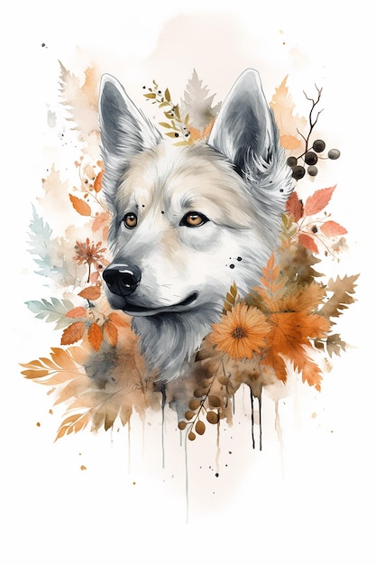 Een schilderij van een witte wolf met bloemen erop