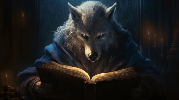 Foto een schilderij van een wolf die een boek leest met blauwe ogen