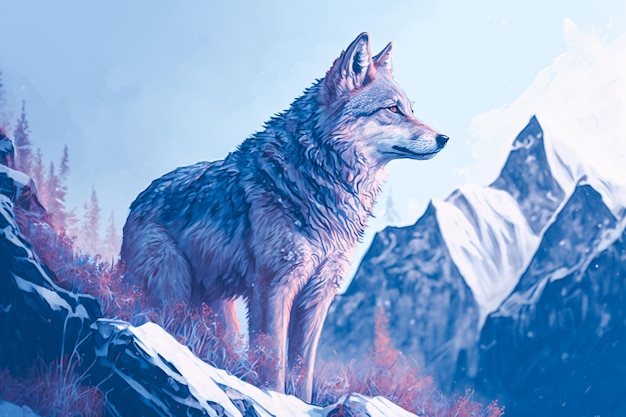 Een schilderij van een wolf die op een berg staat