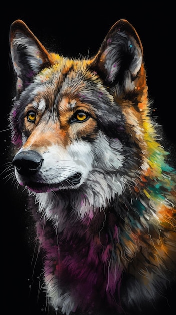 Een schilderij van een wolf met gele ogen