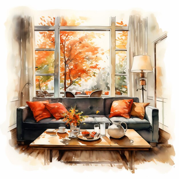 een schilderij van een woonkamer met een bank en een salontafel