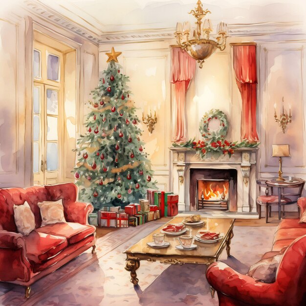 een schilderij van een woonkamer met een kerstboom en een open haard