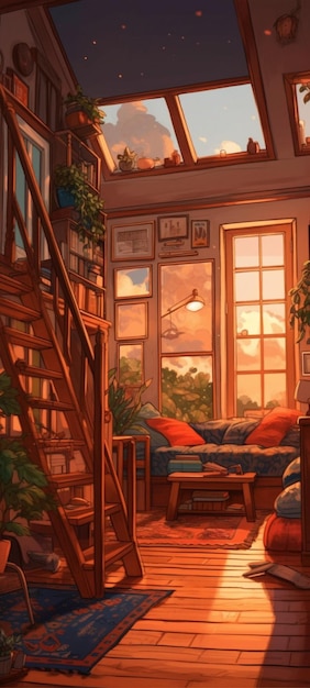 Een schilderij van een woonkamer met een trap en een boekenkast met een bordje met 'het woord' erop.