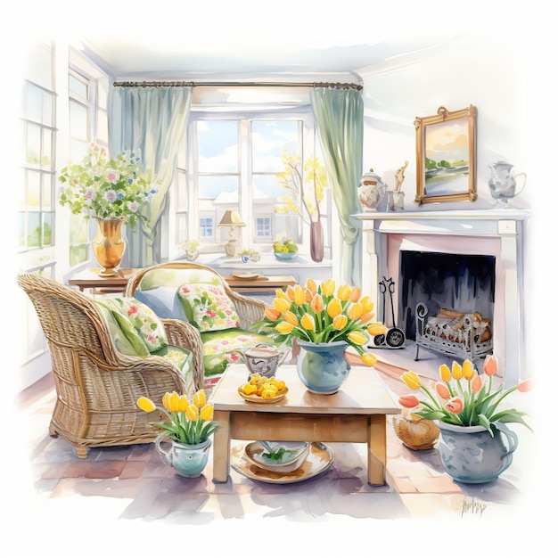 een schilderij van een woonkamer met open haard en bloemen
