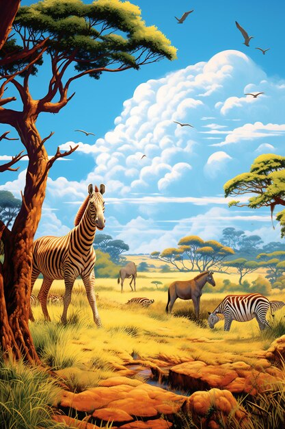 een schilderij van een zebra en andere dieren in een jungle