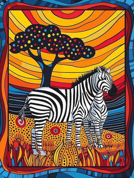 een schilderij van een zebra en een boom met de woorden " zebra " erop