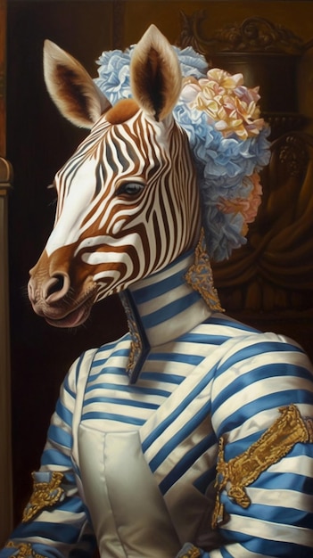 Een schilderij van een zebra in een gestreepte jurk.