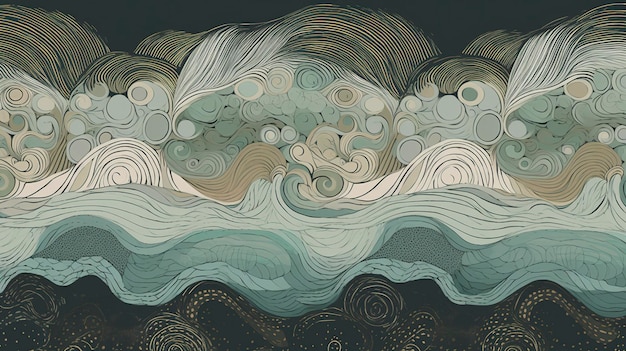 Een schilderij van een zee met wervelingen en wervelingen van wervelingen.