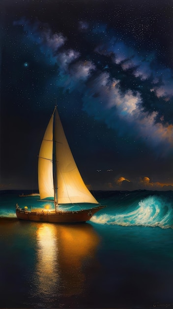Een schilderij van een zeilboot met een bliksemschicht op de achtergrond.