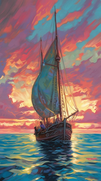 Een schilderij van een zeilboot met op de bodem het woord zee.