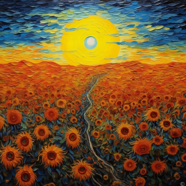 Een schilderij van een zonnebloemveld met de zon aan de hemel