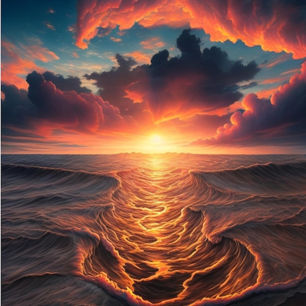 Een schilderij van een zonsondergang boven de oceaan