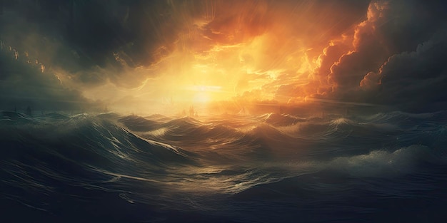 Een schilderij van een zonsondergang boven de oceaan