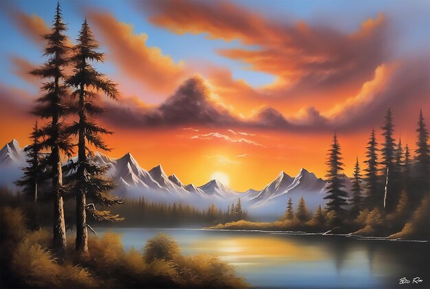 Een schilderij van een zonsondergang boven een bergketen Een airbrush-schilderij van Bob Ross uitgelicht