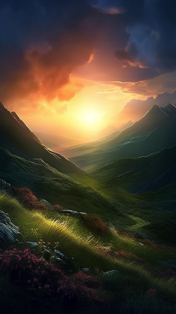 Een schilderij van een zonsondergang boven een bergketen.