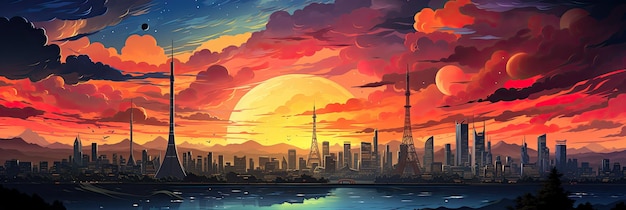 Een schilderij van een zonsondergang boven een generatief ai-beeld van een stad