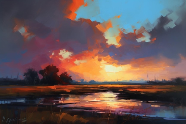 Een schilderij van een zonsondergang boven een moeras met een bewolkte lucht op de achtergrond.