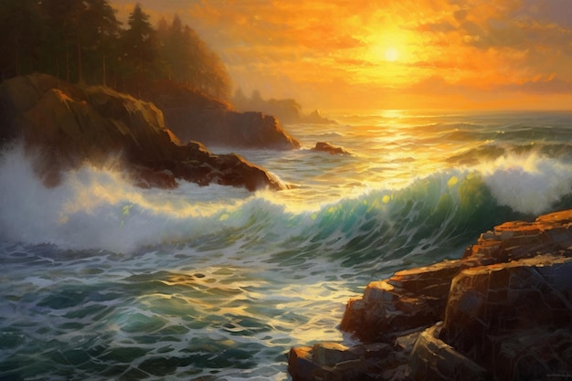 Een schilderij van een zonsondergang boven een rotsachtige kust met de ondergaande zon aan de horizon.