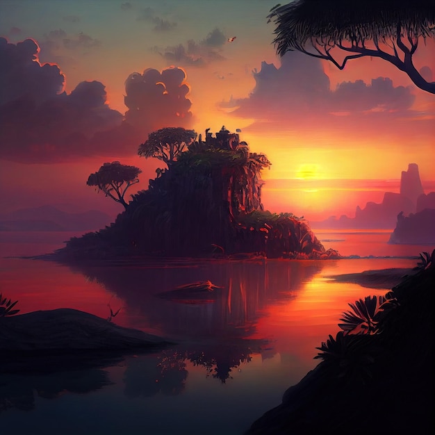 een schilderij van een zonsondergang boven een tropisch eiland