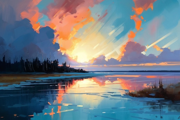 Een schilderij van een zonsondergang boven een watermassa met een bewolkte lucht op de achtergrond.