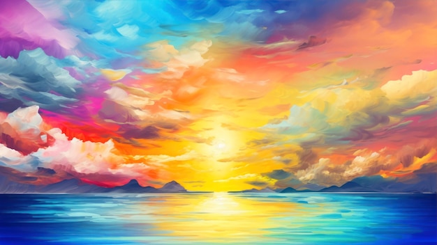 Een schilderij van een zonsondergang boven een watermassa met een blauwe lucht en wolken.