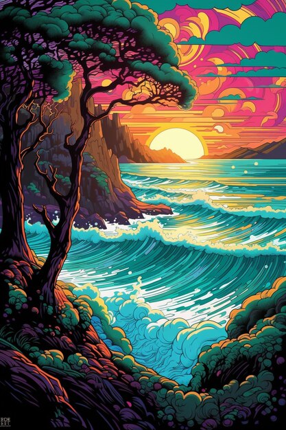 Een schilderij van een zonsondergang boven een watermassa met een boom generatieve ai