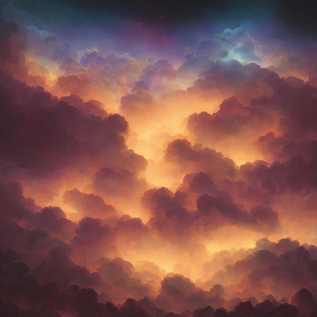Een schilderij van een zonsondergang in de wolken